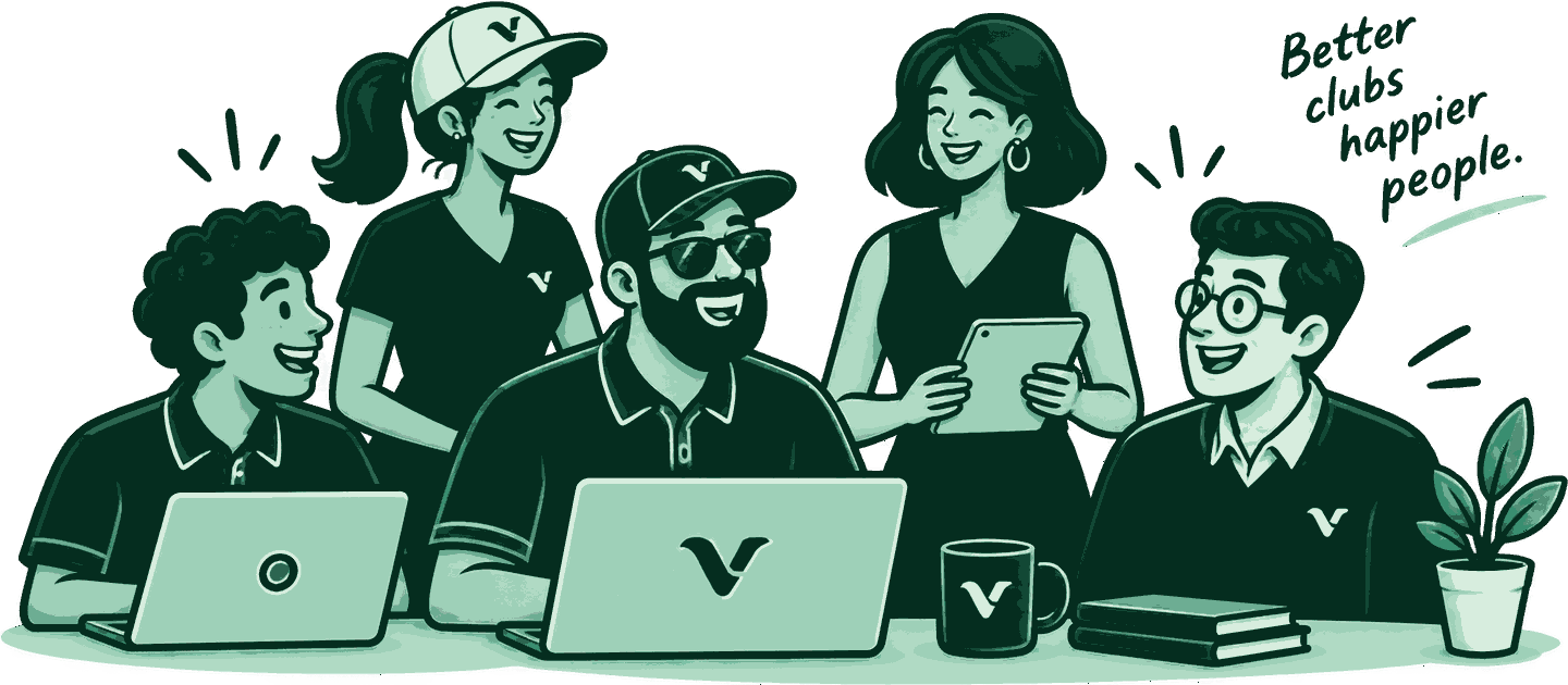 Verde staff around laptops, captioned: better clubs, happier people