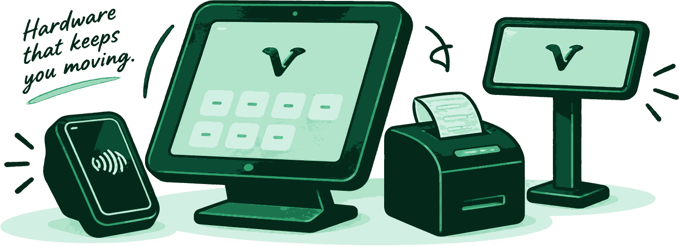 Verde payment devices on a counter, captioned: hardware that keeps you moving