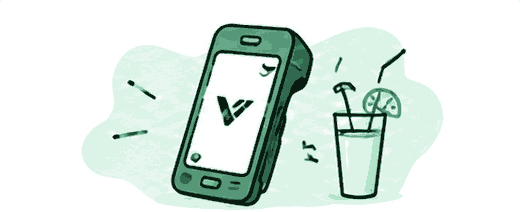 Verde Carry handheld beside a drink from the beverage cart