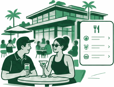 Two members having a drink on the clubhouse patio beside a dining menu screen
