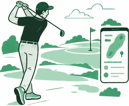 A golfer mid-swing beside a phone showing the hole layout and the tee sheet