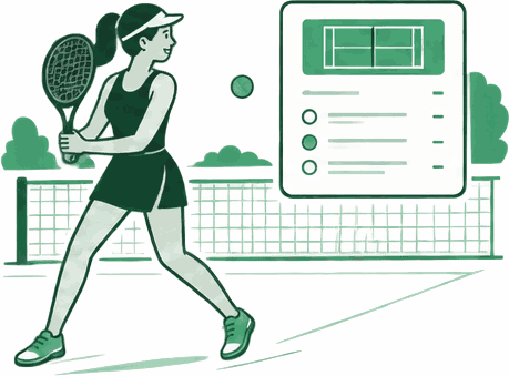 A tennis player at the net beside a court booking screen